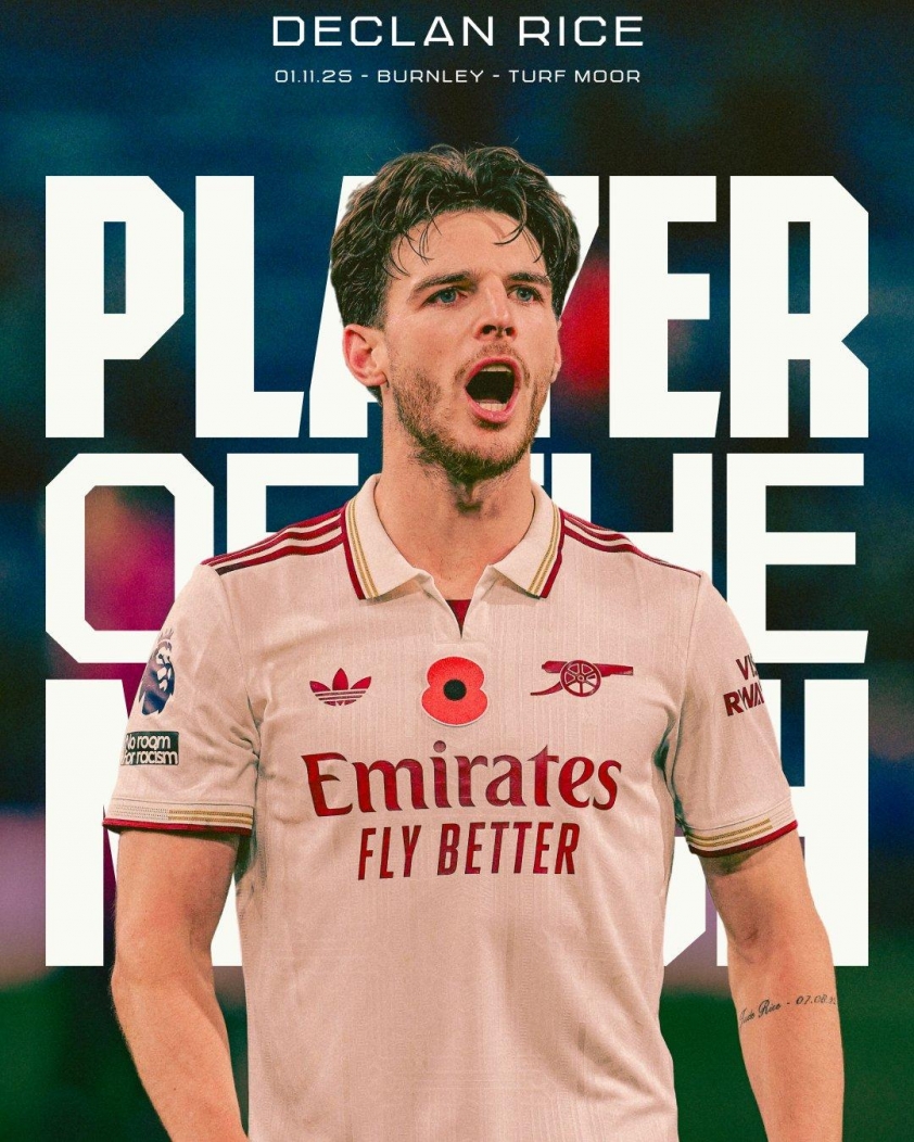 "Declan Rice chia sẻ cảm xúc ngập tràn sau bàn thắng cho Arsenal" 5 Declan Rice là Cầu thủ xuất sắc nhất trận (Ảnh: Arsenal).