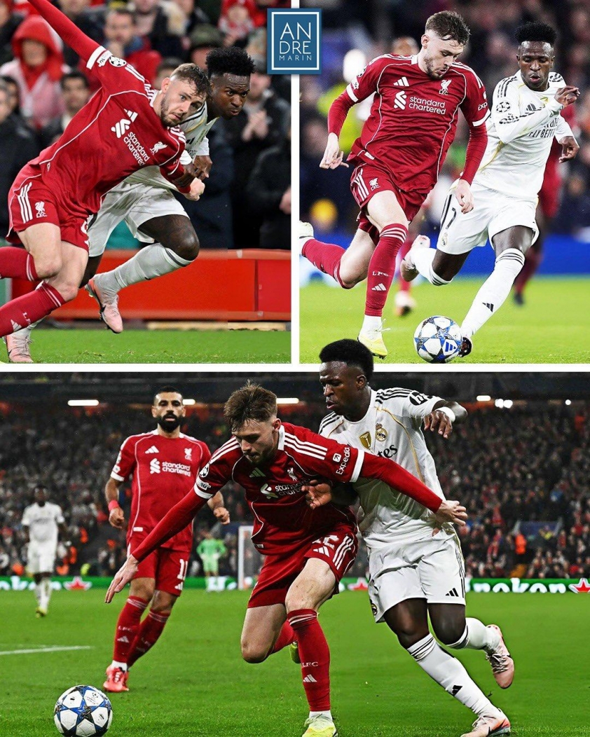 "Arne Slot chỉ ra nguyên nhân Real Madrid không thể ghi bàn" 6 Conor Bradley gần như “bắt chết” Vinicius Junior trong suốt trận đấu (Ảnh: Andre Marín).