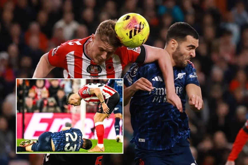 Mikel Merino đã phải nhận một cú đánh cùi chỏ rất mạnh từ Daniel Ballard trong hiệp 1 (Ảnh: The Sun).