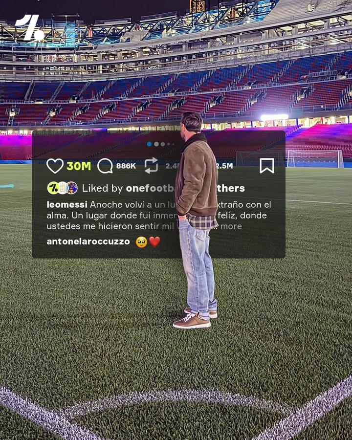 Messi lập kỷ lục trong chuyến thăm Nou Camp lần này 5 Chuyến thăm bất ngờ của Messi đến SVĐ Camp Nou đã đạt 30 triệu lượt thích, chính thức là bức ảnh thể thao được yêu thích nhất trên Instagram vào năm 2025 (Ảnh: One Football).