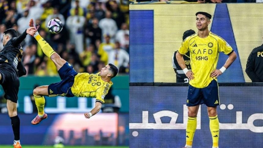 Màn ăn mừng 'gây bão' mạng xã hội của siêu sao Cristiano Ronaldo sau khi ghi siêu phẩm. (Ảnh: Goal)