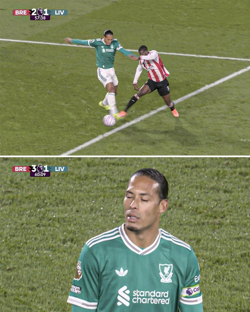"Pha xử lý giống 'bóng rổ' của Van Dijk khiến Liverpool lãnh hậu quả" 8 Trung vệ người Hà Lan cũng bị thổi phạt đền ở trận đấu với Brentford (Ảnh: ESPN).