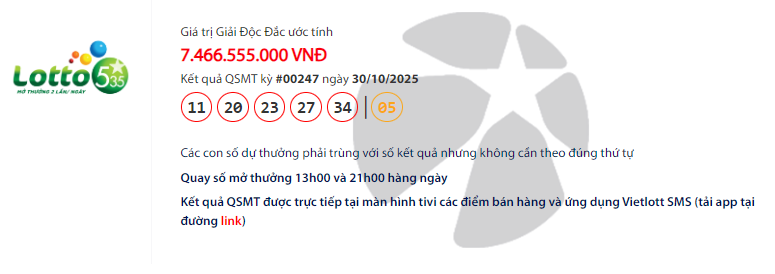 Vietlott 30/10/2025 - Kết quả xổ số Vietlott Mega 6/55 ngày 30/10/2025 731505