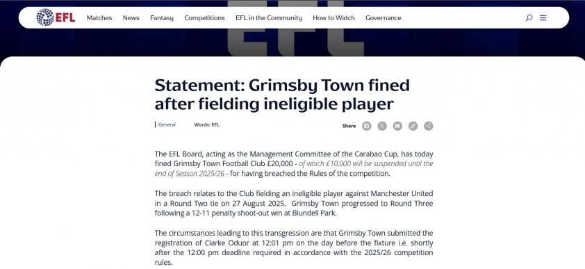 Tin MU ngày 3/9: Chấn thương của Cunha có tiến triển; Grimsby bị phạt 6 grimsby-carabao-cup