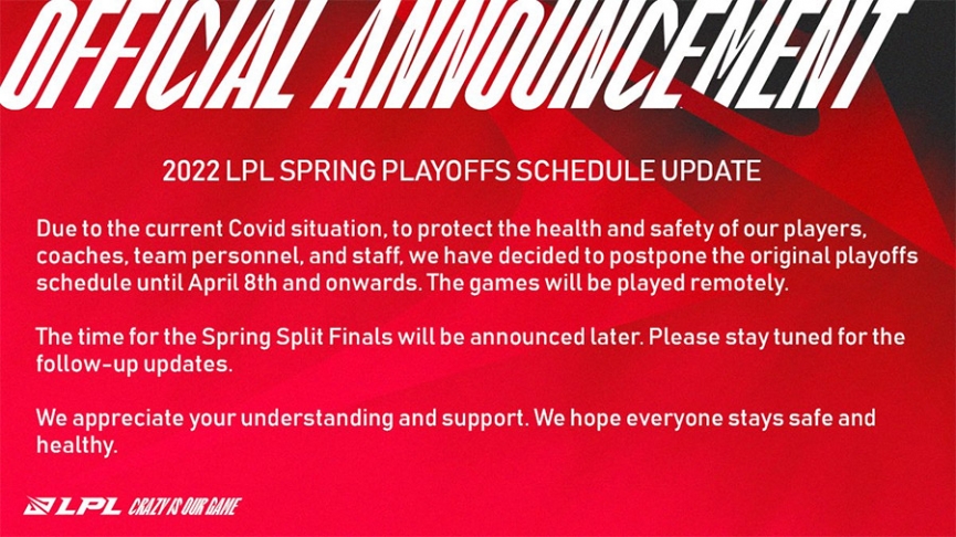 Vòng Playoffs LPL Mùa Xuân 2022 bị hoãn do dịch COVID-19