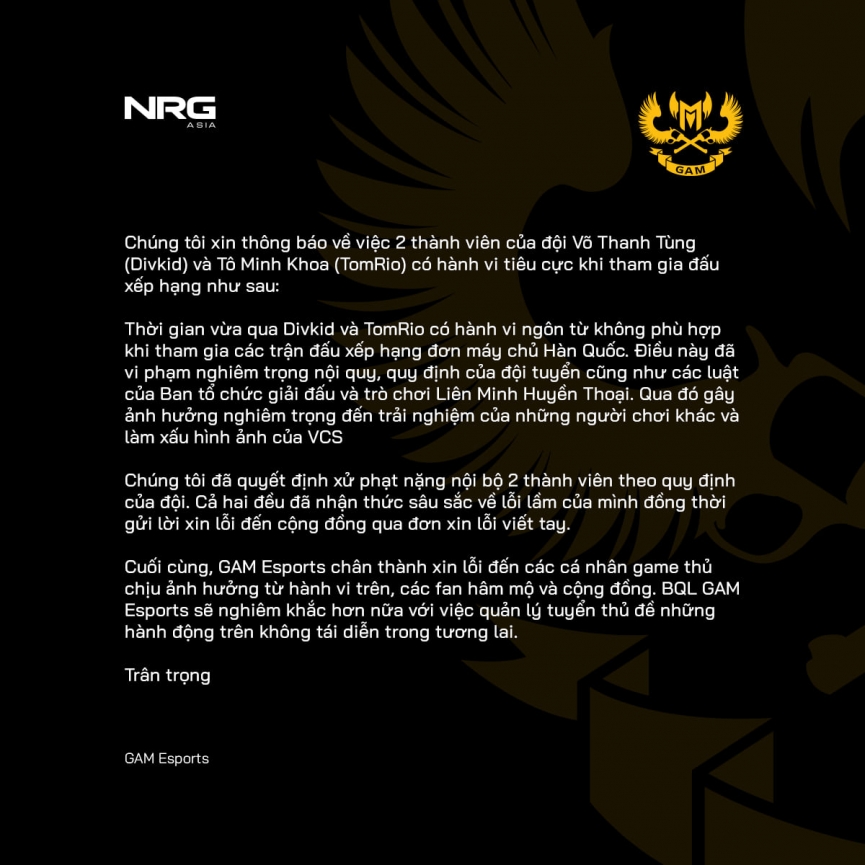 GAM Esports xử phạt 2 thành viên vì toxic trong rank Hàn