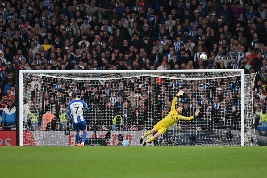 Solly March là cầu thủ duy nhất sút hỏng bên phía Brighton trong khi 7/7 cầu thủ MU đá penalty thành công (ảnh: Getty)