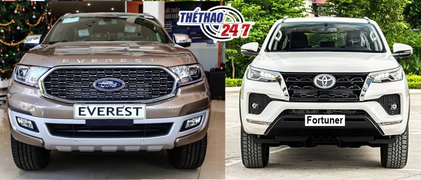 Phần đầu xe Ford Everest và Toyota Fortuner 2021