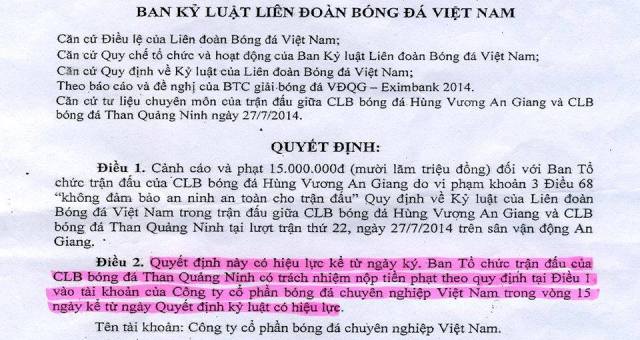 CĐV An Giang “ném đá” văn bản kỷ luật của VFF