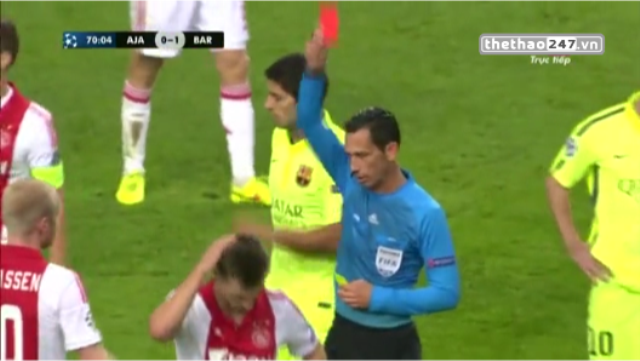 VIDEO: Phút 70 - Veltman nhận thẻ đỏ rời sân (Ajax 0-1 Barcelona)