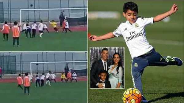 VIDEO Con trai Ronaldo tái hiện tuyệt chiêu sút phạt của cha