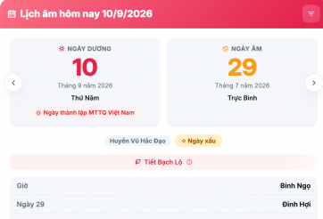 Lịch âm hôm nay 10/9/2026: Giờ hoàng đạo, ngày tốt xấu, việc nên làm