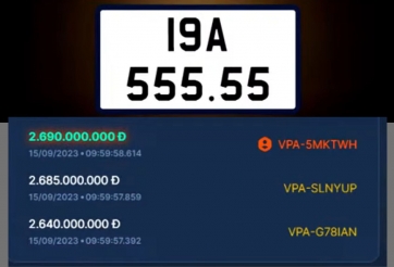 Đấu giá biển số ô tô ‘siêu đẹp’ sáng ngày 15/9: Biển ngũ quý 5 đầu tiên chốt giá 2,69 tỷ đồng