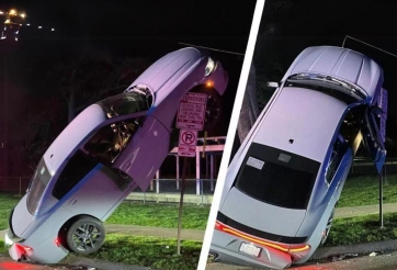 Tài xế say xỉn điều khiển ô tô ‘treo lơ lửng’ trên biển báo giao thông