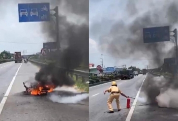 Xe máy điện bỗng dưng bốc cháy khi đang lưu thông trên Quốc lộ 5