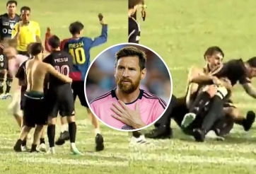 Người đàn ông cởi trần ôm ấp Messi ngay trên sân