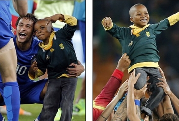 Neymar chụp ảnh bên fan nhí ăn mừng chiến thắng