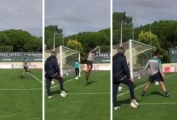 VIDEO: Ronaldo ăn mừng hài hước trên sân tập