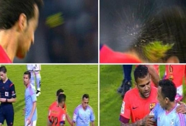 VIDEO: Busquets bị đối phương ném cỏ vào mặt vì giả vờ đá phạt