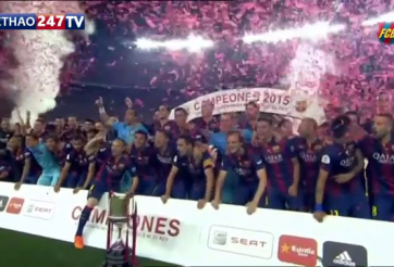 VIDEO: Cầu thủ Barca ăn mừng danh hiệu Cúp nhà Vua thứ 27 trong lịch sử