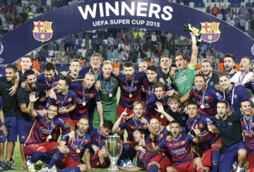 VIDEO: Các cầu thủ Barca ăn mừng khi giành Siêu cúp châu Âu 2015