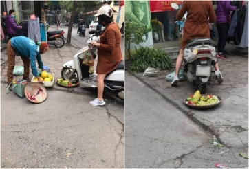 Người phụ nữ đi Honda Lead cán nát mẹt hoa quả của bà lão bán rong