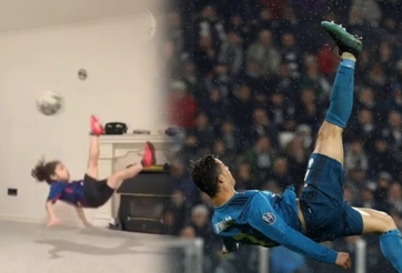 VIDEO: Cậu bé 6 tuổi gây sốt khi tái hiện pha 'ngả bàn đèn' của Ronaldo
