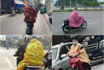Hình ảnh người dân 'chùm chăn' kín mít, lái xe trên đường