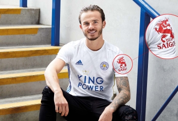 Logo Bia Sài Gòn trên áo sân khách 20/21 của Leicester