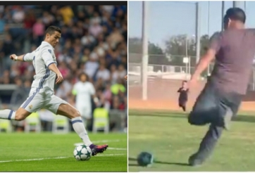 VIDEO: Bố sút bóng như Ronaldo, con trai 'lãnh đủ'