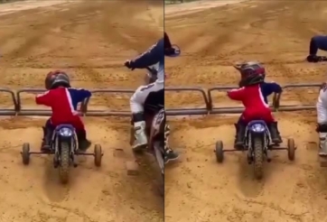 VIDEO: Cậu bé đi xe cút kít đua với mô tô phân khối lớn