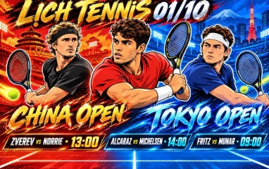 Lịch thi đấu tennis hôm nay 1/10: Alcaraz, Zverev cùng dàn sao ra sân