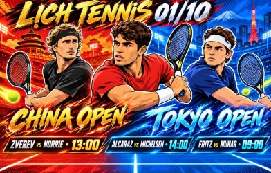 Lịch thi đấu tennis hôm nay 1/10: Alcaraz, Zverev cùng dàn sao ra sân