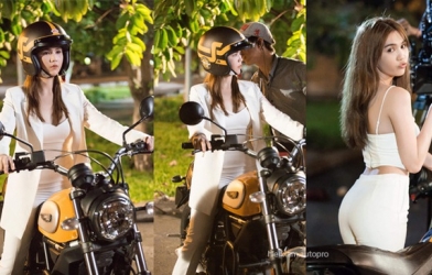 Ngọc Trinh lộ ảnh chật vật tập lái Ducati Scrambler