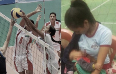 Đang thi đấu, nữ VĐV bóng chuyền kéo áo cho con bú gây sốt mạng xã hội