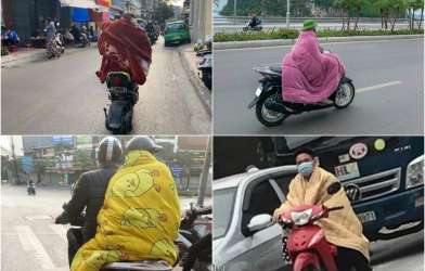 Hình ảnh người dân 'chùm chăn' kín mít, lái xe trên đường