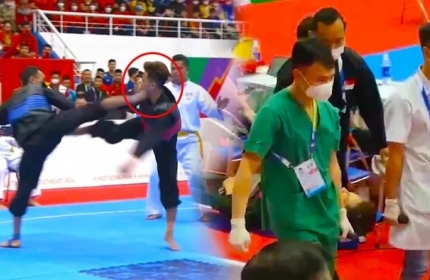 VIDEO: Võ sĩ Singapore bị đánh đến mức nằm cáng rời sân nhưng vẫn nhận HCV