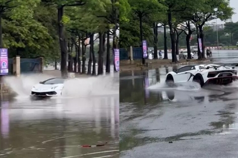 Sau cơn mưa lớn, đại gia 9x lái siêu xe Lamborghini Aventador mui trần độ SVJ ra đường để 'nghịch nước'