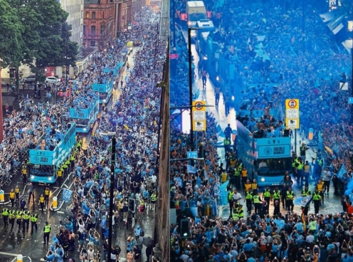 Man City diễu hành ăn mừng chức vô địch trong biển xanh người hâm mộ
