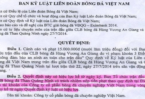 CĐV An Giang “ném đá” văn bản kỷ luật của VFF