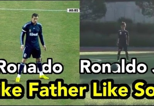 VIDEO Cristiano Ronaldo Jr ghi bàn từ sút phạt giống hệt cha