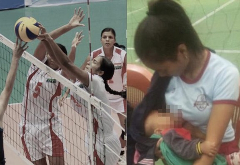 Đang thi đấu, nữ VĐV bóng chuyền kéo áo cho con bú gây sốt mạng xã hội