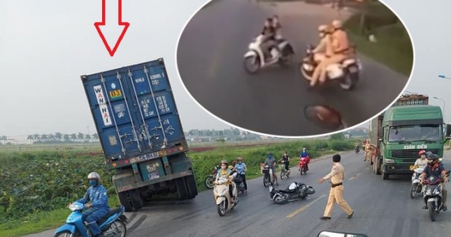 Hai cô gái bỏ chạy CSGT khiến xe container lao xuống ruộng