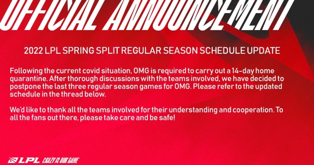 LPL Mùa Xuân 2022 hoãn 3 trận đấu của OMG do COVID-19