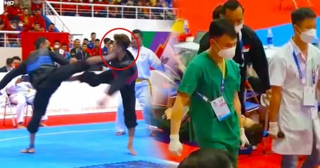 VIDEO: Võ sĩ Singapore bị đánh đến mức nằm cáng rời sân nhưng vẫn nhận HCV