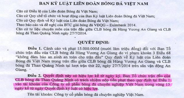 CĐV An Giang “ném đá” văn bản kỷ luật của VFF