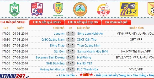 Lịch thi đấu vòng 19 V-League 2016 cuối tuần này (6/8 - 7/8)
