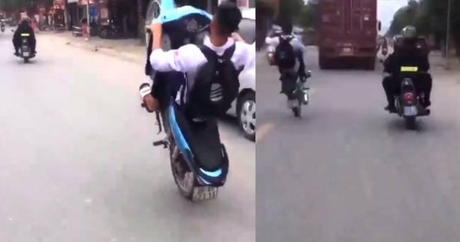 VIDEO: Nam sinh bốc đầu xe trêu ngươi CSCĐ Hà Nội