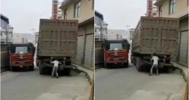 VIDEO: Thanh niên dùng tay bênh đuôi xe container như lực sĩ