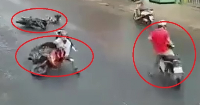 VIDEO: Hàng loạt xe máy trượt ngã trên đoạn đường 'ma' ở Việt Nam